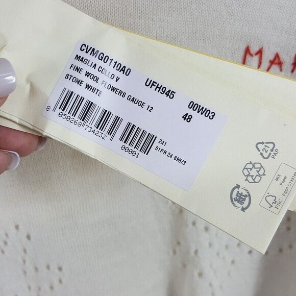 MARNI Sweater Mens Size 48 Ivory Pullover VNeck Fine Wool Flowers $895 - Picture 6 of 10
